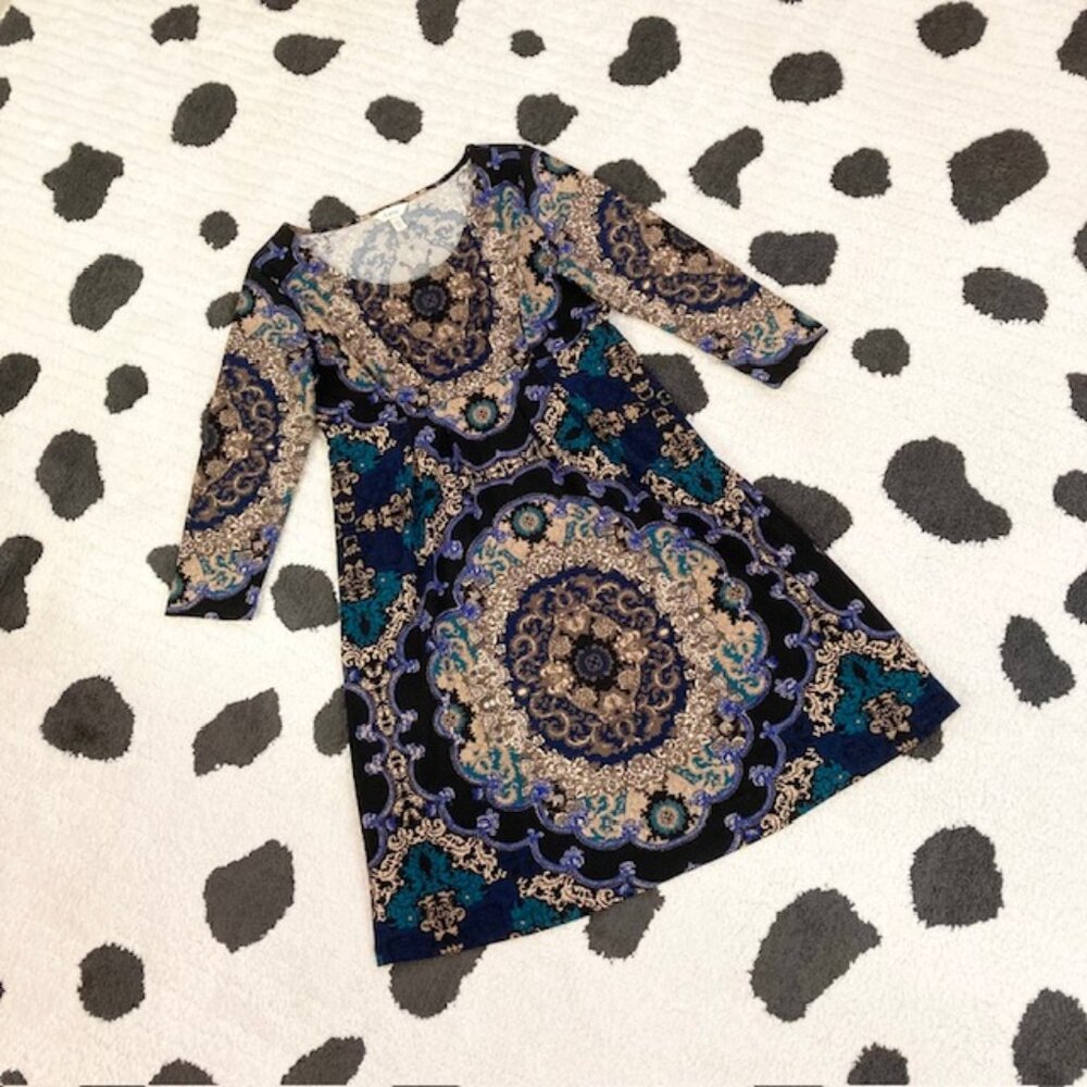 Soma Womens Small Multicolor Henna Paisley Empire Waist 3/4 Sleeve Jersey Dress